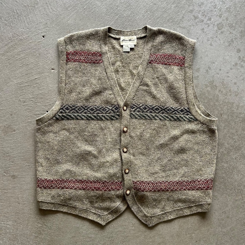 Vintage 90s Eddie Bauer Sweater Vest Mens XL Tan 100% Wool Knit Nordic Fair Isle
